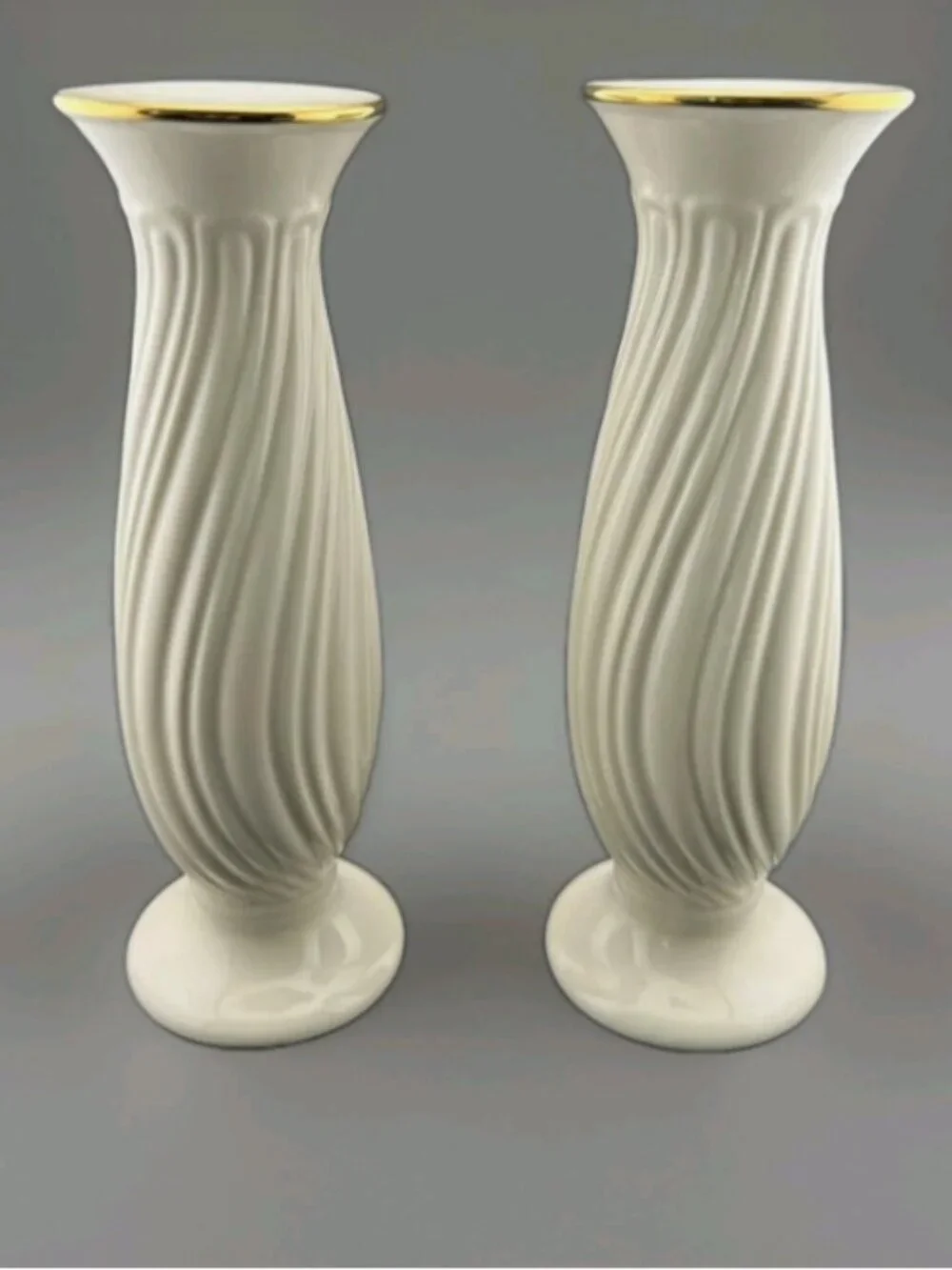 LENOX HOUSEWARMING IVORY CHINA GOLD BAND PAIR OF CANDLESTICKS